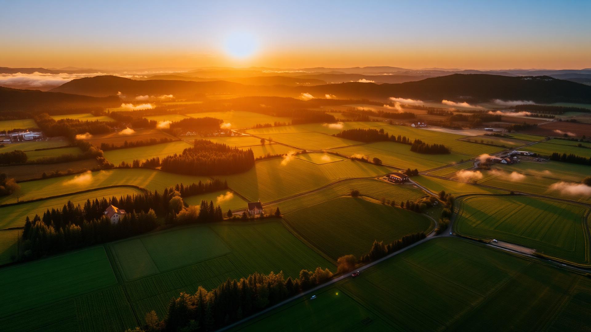 Aerial view of European organic farmland at sunrise